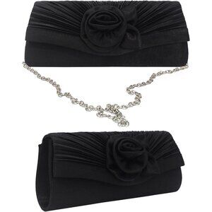 Black Satin Pleated Floral Clutch Purse with Rose Accent, Evening Party Bag, Bri